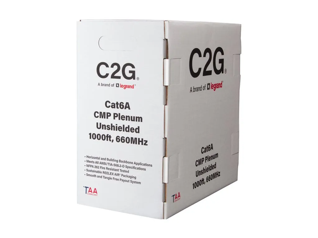 C2G 1000ft (304.8m) TAA-Compliant Cat6a Bulk Unshielded (UTP) Ethernet Network Cable with Solid Conductors-Plenum CMP-Rated - C2G56052