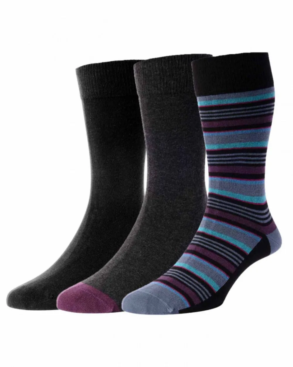 HJ Hall Stripe and Plain Socks 3 Pair Pack