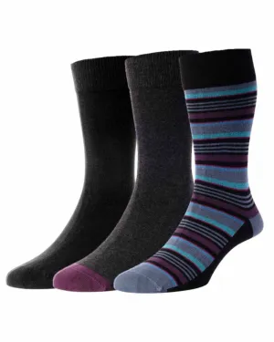 HJ Hall Stripe and Plain Socks 3 Pair Pack