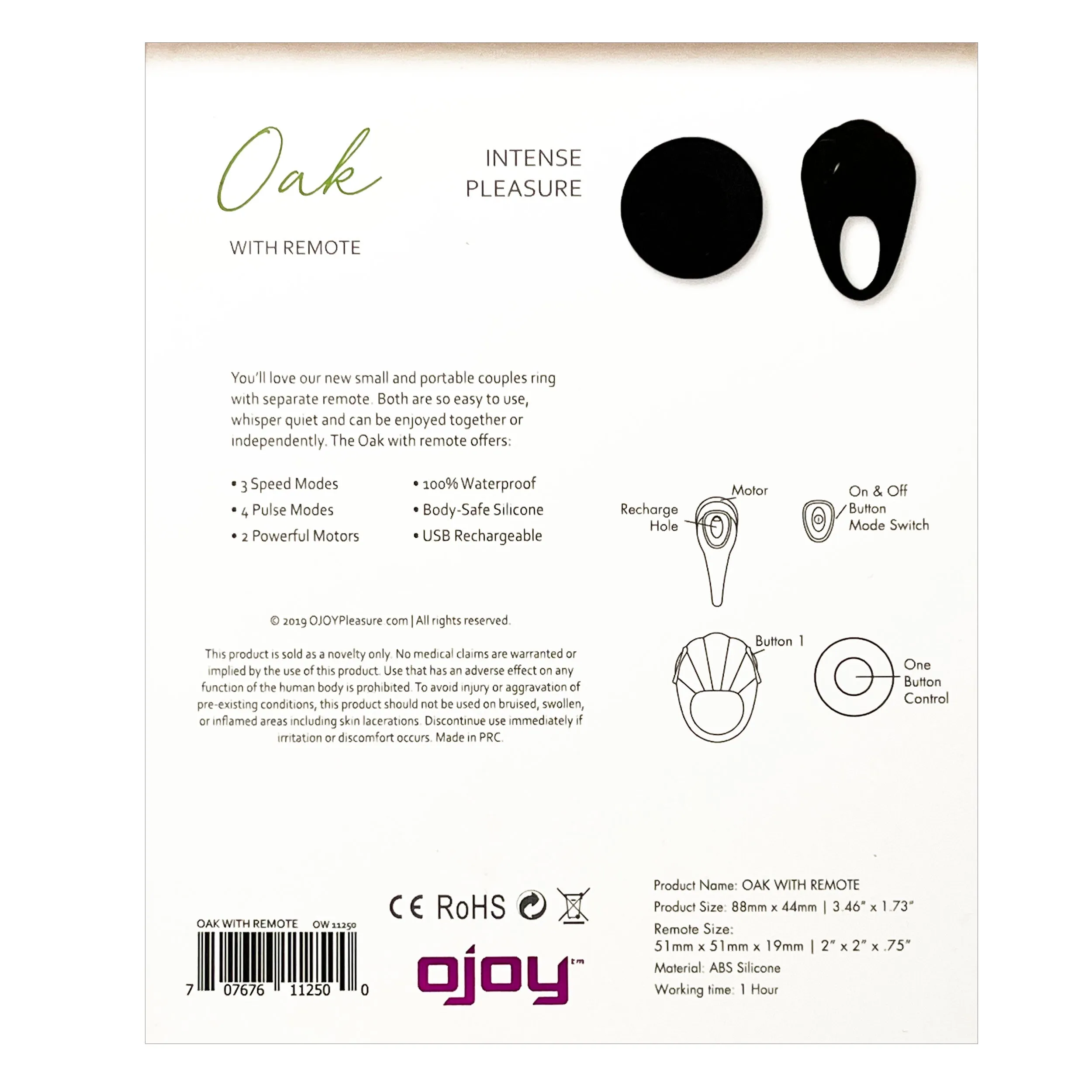 OJOY OAK VIBRATING COCK RING MASSAGER WITH REMOTE -Black