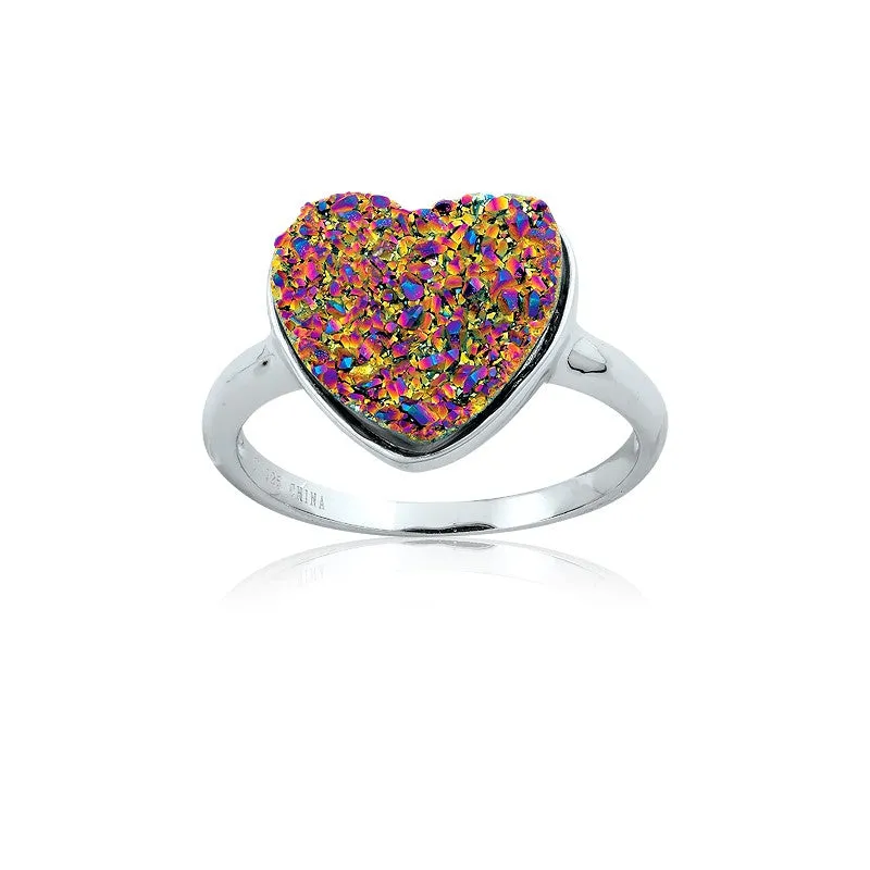 Sterling Silver Multi Colored Heart Druzy Ring - W-9751