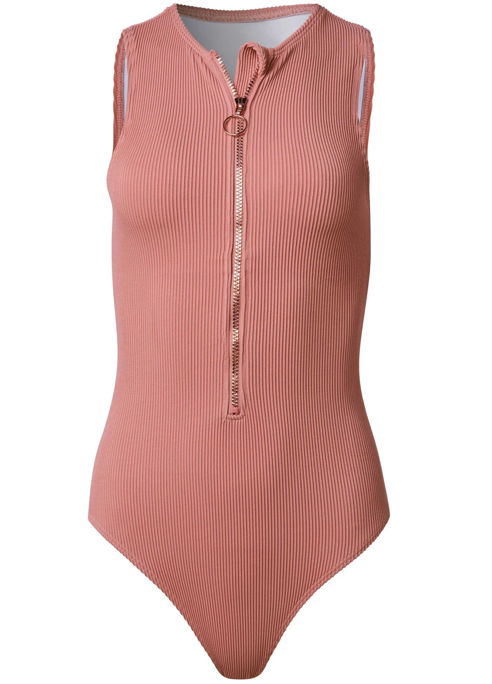 Zip Front Ribbed One-Piece - Pink Rosette